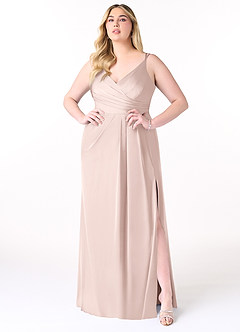 Azazie Aqua Bridesmaid Dresses Blushing Pink A-Line V-Neck Pleated Stretch Satin Dress image8