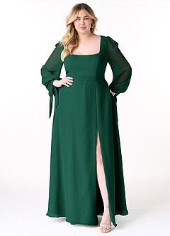 Azazie Leonia Bridesmaid Dresses Emerald A-Line Long Sleeve Chiffon Dress image4