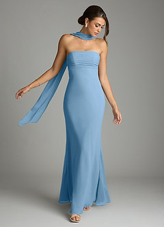 Azazie Saylor Vestidos de damas de honor Vestido de Azul Acero de Gasa de Corte Sirena con Sin tirantes image7