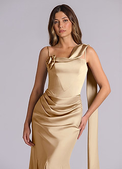 Azazie Inara Suknie dla druhen Syrena Pofałdowany Satyna elastyczna Do ziemi Sukienka image7