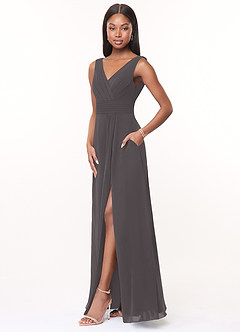 Azazie Karina Bridesmaid Dresses Steel Grey A-Line Pleated Chiffon Dress image3