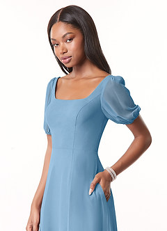 Azazie Alani Abiti da Damigella Abito A-Line in Chiffon con Scollo Quadrato Blu Acciaio image4