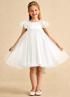 Azazie Munchkin Flower Girl Dresses Ivory Matcha A-Line Bow Tulle Dress image2