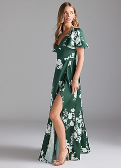 Azazie Lani Bridesmaid Dresses Green Botanicals A-Line Flounce Sleeve Stretch Satin Dress image4