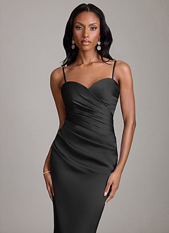 Azazie Jasmyn Bridesmaid Dresses Black Sheath Strapless Stretch Satin Dress image3