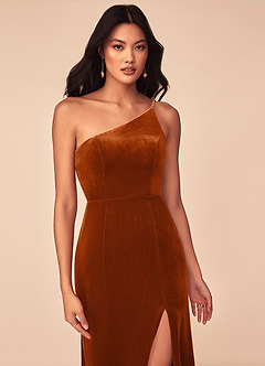 Azazie Kala Bridesmaid Dresses Burnt Orange A-Line One Shoulder Velvet Dress image5
