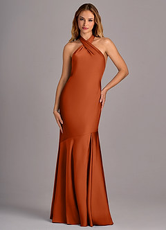 Azazie Lorena Bridesmaid Dresses Burnt Orange Mermaid Pleated Stretch Satin Dress image4