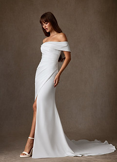 Azazie Chandler Wedding Dresses Diamond White Sheath Crepe Back Satin Dress image3