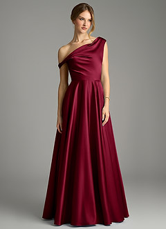 Azazie Xanthe Vestidos de madrinha de casamento Vestido Borgonha de Cetim elástico de Linha A com Ombros Caídos image3