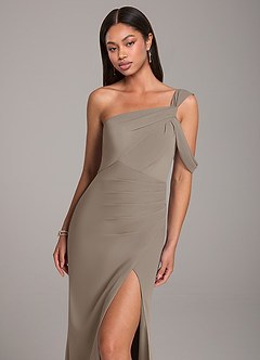 Azazie Wynter Bridesmaid Dresses Taupe Sheath Off the Shoulder Chiffon Dress image7