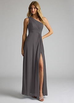 Azazie Brooke Vestidos de damas de honor Vestido de Gris Acero de Malla de Corte En A con Hombro unilateral image3