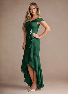 Azazie Billings Mother of the Bride Dresses Dark Green Mermaid Off the Shoulder Stretch Satin Dress image2