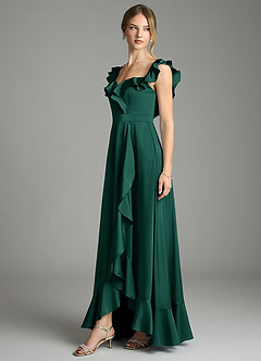Azazie Lyra Bridesmaid Dresses Emerald A-Line Off the Shoulder Stretch Satin Convertible Dress image4