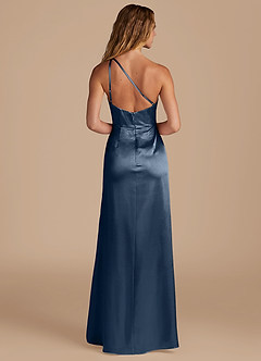 Azazie Mika Vestidos de damas de honor Vestido de Azul Marino Oscuro de Satén Metálico de Corte Recto con Hombro unilateral image5