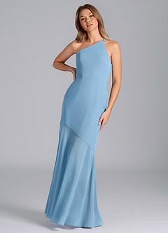 Azazie Tilla Jurken voor bruidsmeisjes Jurk van Chiffon met Zeemeermin One-Shoulder Staal Blauw image6