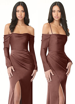 Azazie Hallie Bridesmaid Dresses Espresso Sheath Off-The-Shoulder Long Sleeve Stretch Satin Convertible Dress image8