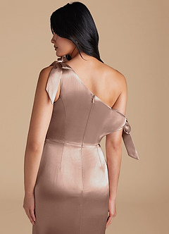 Azazie Xyla Bridesmaid Dresses Taupe Sheath Off the Shoulder Metallic Satin Convertible Dress image4