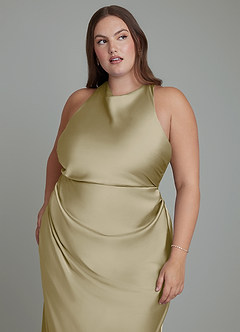 Azazie Evadne Bridesmaid Dresses Moss Green Sheath Pleated Stretch Satin Dress image9