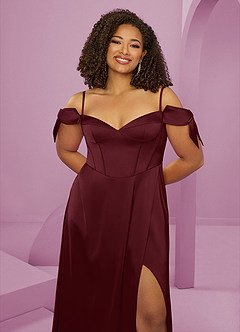 Barbie ♥ Azazie Bridesmaid Dresses Cabernet A-Line Off the Shoulder Stretch Satin Dress image13