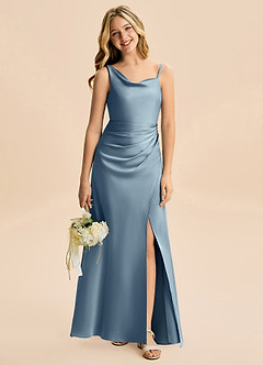 Azazie Abby Junior Robe Trapèze en Satin extensible Plissée Bleu Poussiéreux image1