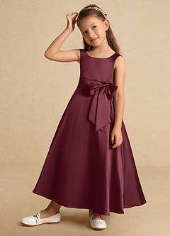 Azazie Lindy vestidos de niña de las flores Vestido de Cabernet de Satin Mate de Acampanado con Plisado image3