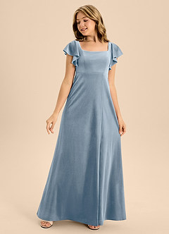 Azazie Bondi Junior Dusty Blue A-Line Bow Velvet Dress image3