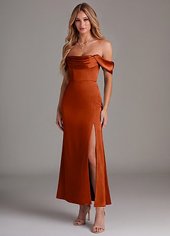 Azazie Saige Bridesmaid Dresses Paprika Mermaid Off the Shoulder Stretch Satin Dress image1
