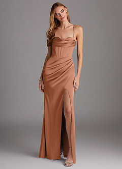 Azazie Brookelle Bridesmaid Dresses Bronzer Sheath Sweetheart Corset Stretch Satin Dress image4