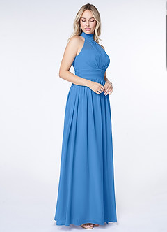 Azazie Iman Vestidos de damas de honor Vestido de Azul Grisaceo de Gasa de Corte en A con Línea A fruncida image3