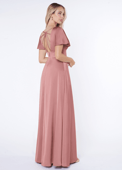 Azazie Lani Vestidos de damas de honor Vestido de Rosa Polvorienta de Satén Elástico de Corte en A con Manga volante image5