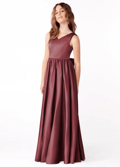 Azazie Hathaway Junior Merlot A-Line Bow Stretch Satin Dress image4