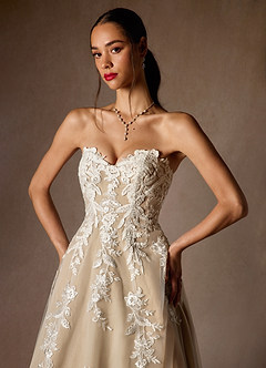 Azazie Madeleine Wedding Dresses Diamond White Nude Ball-Gown Strapless Lace Dress image9