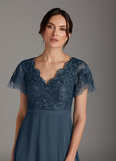 Azazie Singer Moeder van de bruid jurken A-Lijn Jurk van Chiffon V-hals kant Neptunus image6