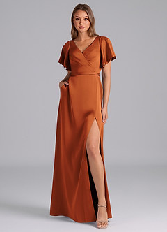 Azazie Ambrosia Bridesmaid Dresses Cinnamon A-Line Pleated Stretch Satin Dress image6