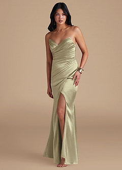 Azazie Yola Bridesmaid Dresses Moss Green Sheath Pleated Metallic Satin Dress image5