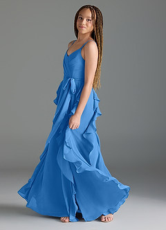 Azazie Peyton Junior A-Linie Kaskadierende Rüschen mit V-Ausschnitt Chiffon Kleid Blauhäher image4