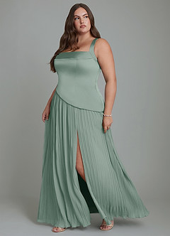 Azazie Stephanie Vestidos de damas de honor Vestido Salvia Plateada de Satén Elástico de Línea A con Plisado image5