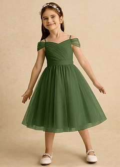 Azazie Lila Girls Formal Robe Demoiselle D'honneur Fillette Robe Trapèze en Tulle Épaule décolletée Olive image3
