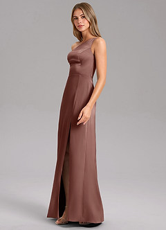 Azazie Feby Bridesmaid Dresses Espresso A-Line One Shoulder Stretch Satin Dress image4