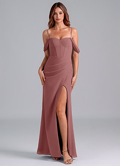 Azazie Asha Robes de demoiselle d'honneur Robe Fourreau Convertible en Mousseline de soie Épaule décolletée Rose Du Désert image7
