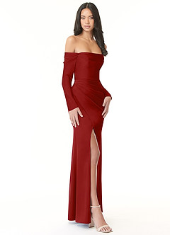 Azazie Hallie Bridesmaid Dresses Pomegranate Sheath Off-The-Shoulder Long Sleeve Stretch Satin Convertible Dress image5