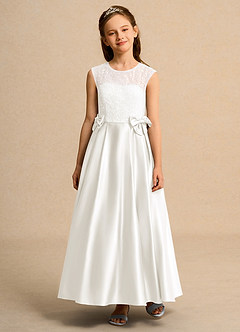 Azazie Candy Girl Jurken voor bloemenmeisjes Baljurk Jurk van Mat Satijn Boog Ivoor image6