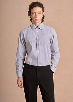 front Aiden Brushed Denim Blue 100% Cotton Non-Iron Striped Dress Shirt