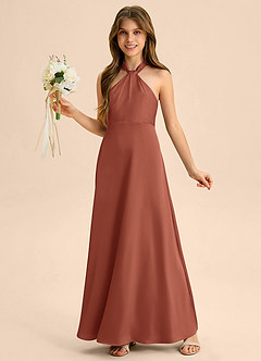 Azazie Beah Junior Jurk van Stretch Satijn met A-Lijn Geplooid Kastanjebruin image3