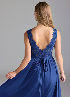 Azazie Elly Bridesmaid Dresses Royal Blue A-Line Lace Stretch Satin Dress image6