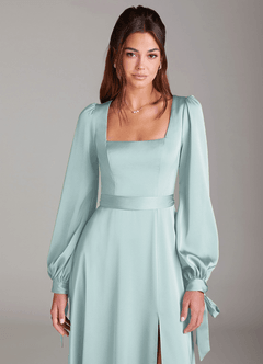 Azazie Leonia Bridesmaid Dresses Mist A-Line Long Sleeve Stretch Satin Dress image5