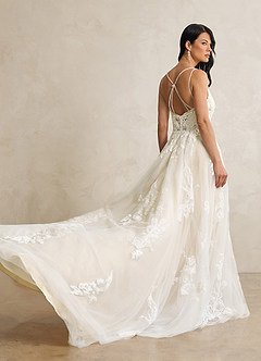 Azazie Lorenza Wedding Dresses Diamond White Champagne A-Line V-Neck Sequins Tulle Dress image3
