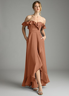 Azazie Lyra Bridesmaid Dresses Bronzer A-Line Off the Shoulder Stretch Satin Convertible Dress image6