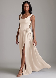 Azazie Novi Robes de demoiselle d'honneur Robe Trapèze en Satin extensible avec poches Albâtre Blanc image6