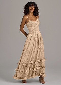 Azazie Lettie Bridesmaid Dresses Champagne A-Line Corset Floral Burnout Dress image4